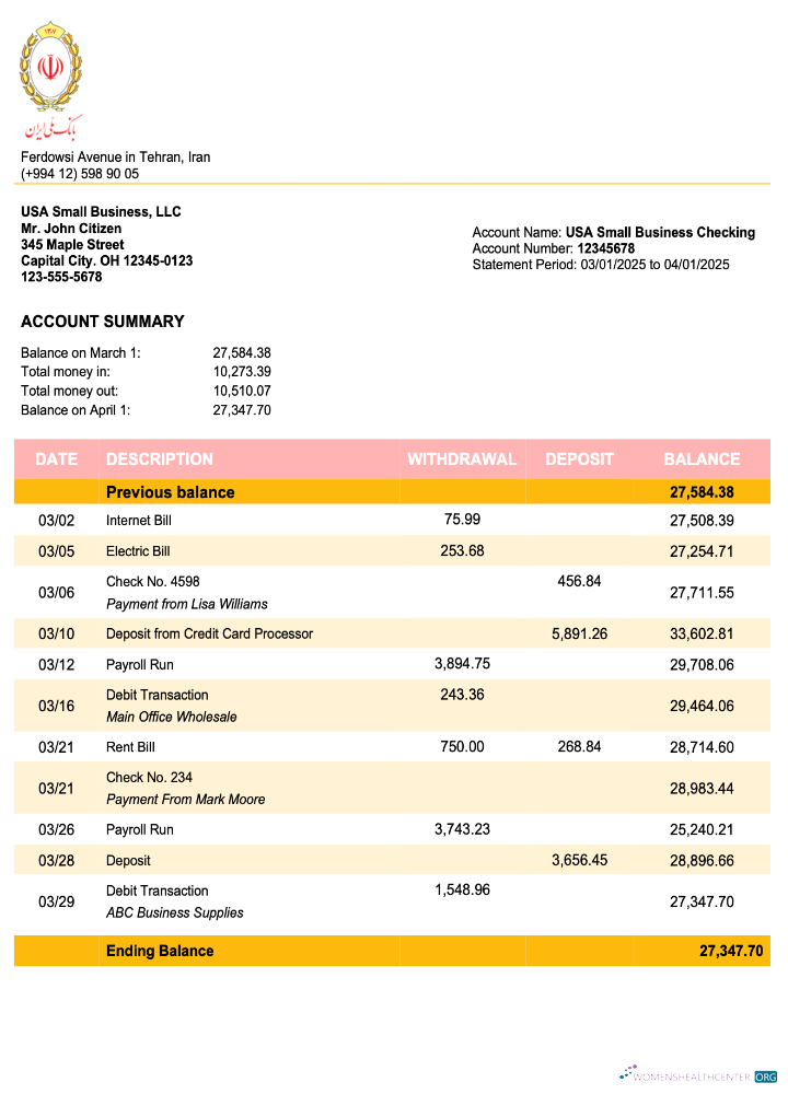 Download Iran Melli Bank business checking account statement Word and PDF template 1 Photoshop template